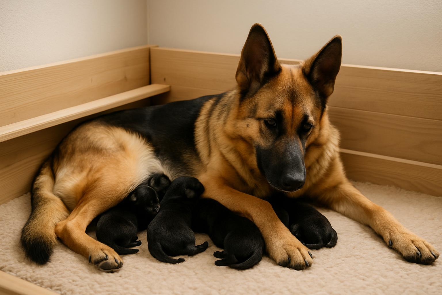 Sire and dam relaxing with puppies in a cozy area