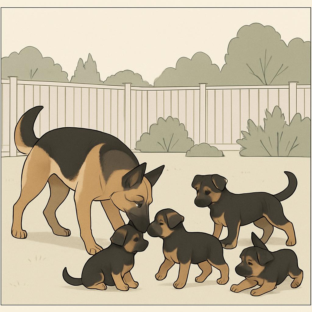 Young puppies greeting their mother nose-to-nose