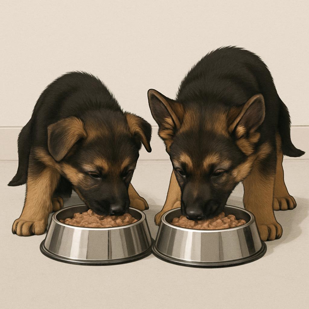 Two German Shepherd puppies eating out of two silver metal bowls filled with dog food.