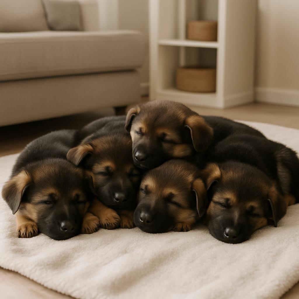 German Shepherd puppies with mother in a cozy whelping space